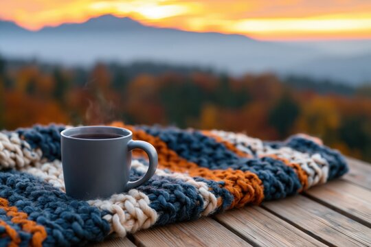 Coffee in a warm mug on a cozy knitted wool blanket during a beautiful autumn day