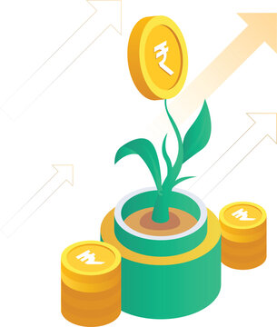 Money plant growth isometric 3D icon. Golden rupee coin sprouting, green leaves pot. Stacked gold coins, rising arrows capital growth, investment return financial wealth fintech apps isometry business