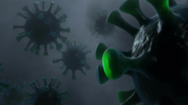 Close up 3D illustration of virus cells with green glowing structures in dark background for infection and disease concept