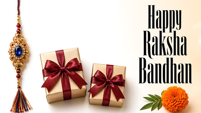 Happy raksha bandhan greeting with sapphire jeweled rakhi elegant gift boxes and marigold flower on cream background for hindu religious festival celebration design
