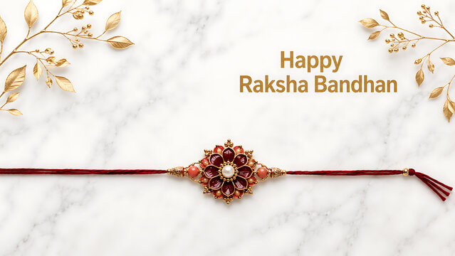 Elegant ruby floral rakhi on white marble with golden botanical accents celebrating happy raksha bandhan and hindu religious festival traditions with graceful luxury