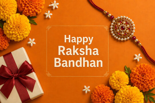 Happy raksha bandhan celebration with jeweled rakhi marigold flowers and wrapped gift on vibrant orange background for joyful hindu religious festival greeting card