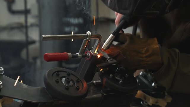 An engineer welds a frame, gear sprocket, and chassis for a homemade scooter/snowmobile with a small trailer.