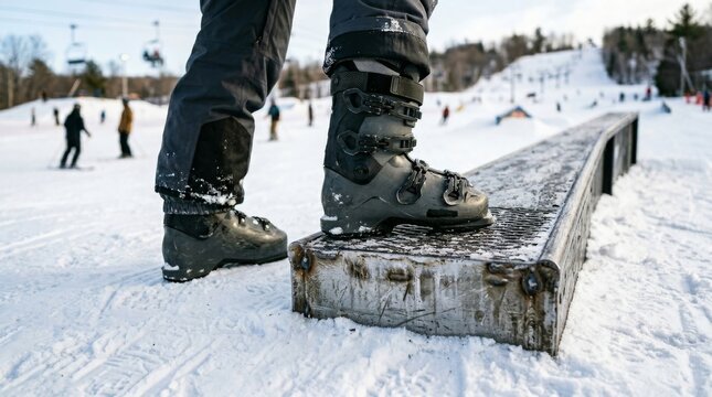 Snow boots rest on a wooden platform in a snowy ski area.
