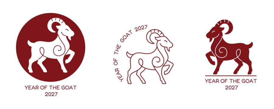Year of the Goat minimalist logo collection. Stylized ram character icons for Lunar New Year branding and design.