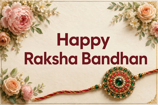 Floral framed rakhi greeting with roses on textured cream background celebrating happy raksha bandhan and hindu religious festival through refined traditional decorative elegance