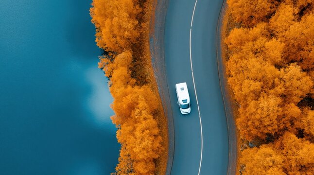 Camper van traveling on a scenic winding road by an autumn lake in aerial view