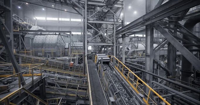 Industry concentration factory, conveyor belts moving gold, copper, iron ore through industrial steel plant interior with forward panning motion.