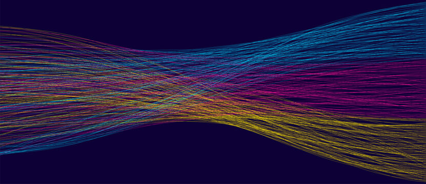 Blue pink and yellow flowing lines transitioning from chaotic tangle on left to organized parallel streams on right, big data sorting connection illustration on dark navy background design.