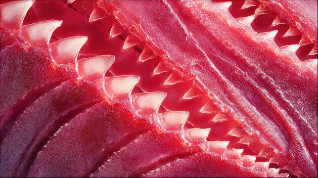 Macro close-up photograph of sharp shark skin denticles with a striking red color gradient and intricate scale structure