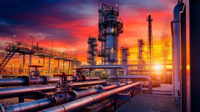 Industrial oil refinery plant with pipelines and towers during vibrant sunset sky