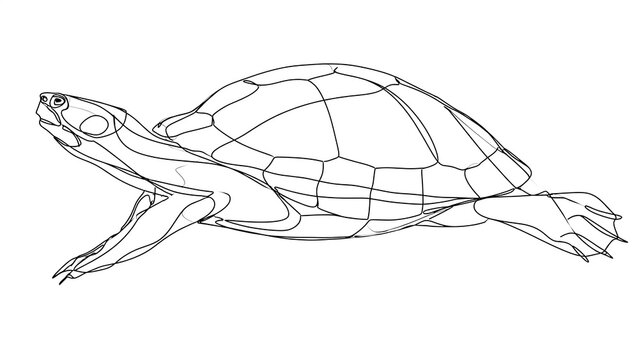 Line art turtle illustration white background.