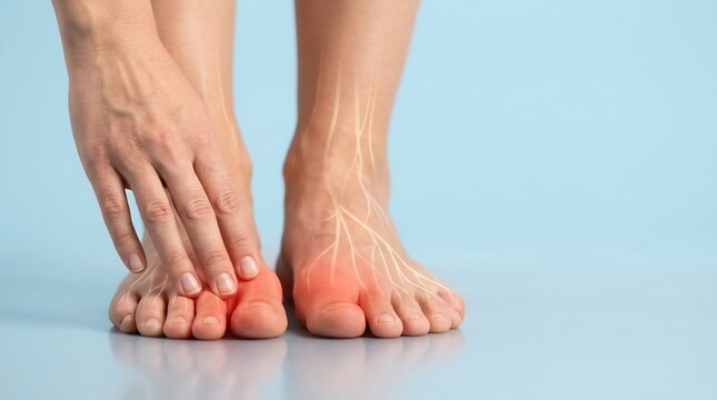 Feet showing inflammation and nerve pain illustrate a medical condition requiring diagnosis and treatment by a healthcare professional in a clinic setting to alleviate discomfort for the patient.
