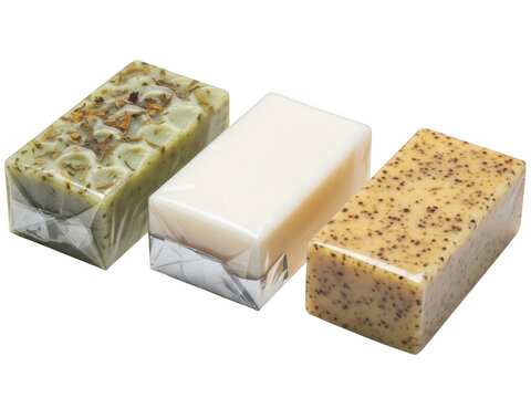 Three handmade soaps in different scents and textures isolated on transparent background