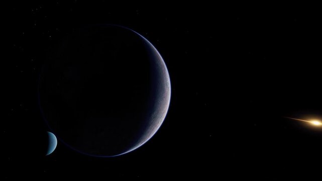 Neptune Moon Triton before Neptune
Animation of Neptune's moon Triton in deep space, slowly transiting in front of the blue ice giant planet Neptune. Animation based on NASA Footage.