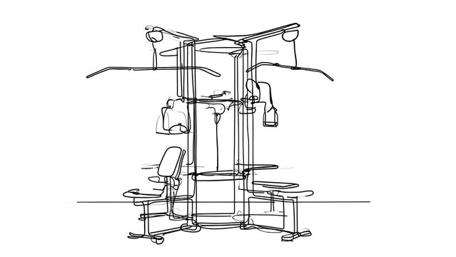 Home gym equipment setup sketch white background.