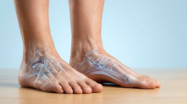 Human feet reveal an intricate network of nerves and circulatory pathways through glowing blue highlights to demonstrate neurological health and sensory awareness within the lower extremity systems.