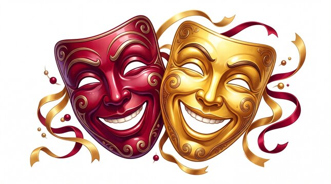 Ornate red and gold theatrical comedy masks featuring swirling artistic details displayed on white background