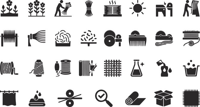 flax cultivation and textile processing production line vector symbol collection, Linen fabric manufacturing industry step-by-step monochrome vector icons and production graphics