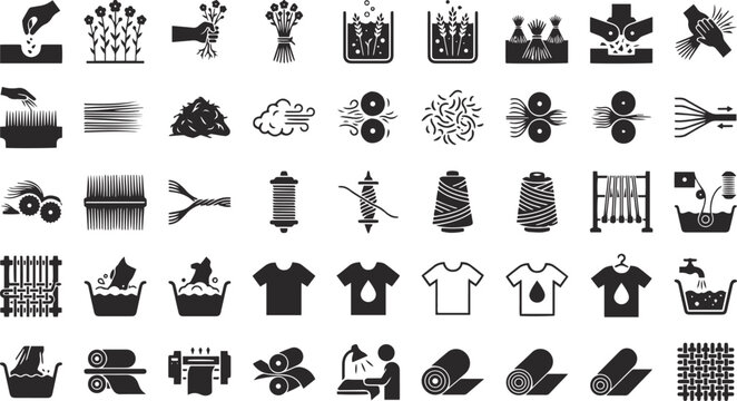 Flax to linen manufacturing process infographic icon set showing agricultural textile production for business presentations, sustainable fashion branding, industrial design, and educational materials