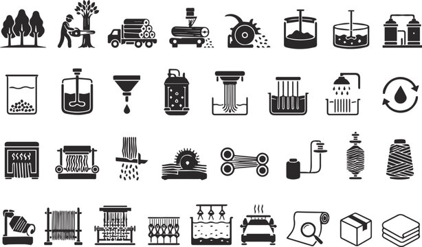 cellulose fibre industry production line icons from logging to weaving and finishing, Viscose and rayon manufacturing process infographic icon set showing sustainable textile production