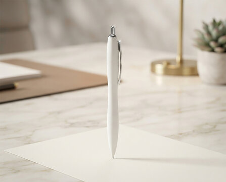 Writing with a white pen on a blank sheet of paper on a desk with a small plant and a lamp in the background