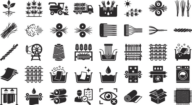 Hemp fibre industry production line icons from farming to weaving Perfect for infographics, business presentations, sustainable fashion branding, industrial design, and educational materials.