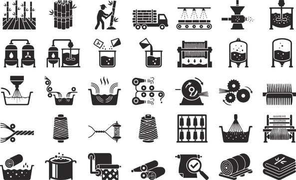 Bamboo to Fabric Manufacturing Process Black Glyph Icon Set for Sustainable Textile Production