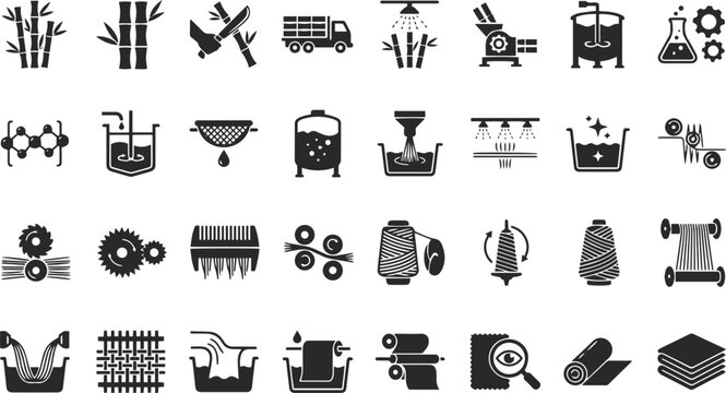 Bamboo to Fabric Manufacturing Processing and Eco-Friendly Black Silhouette Icon Collection