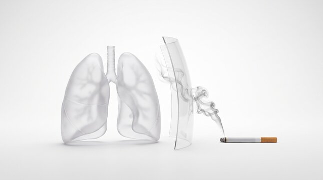 Transparent human lungs protected by a glass shield from harmful cigarette smoke, 3d render