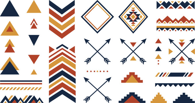 Geometric native ethnic tribal design elements vector set with arrows borders chevrons and diamonds