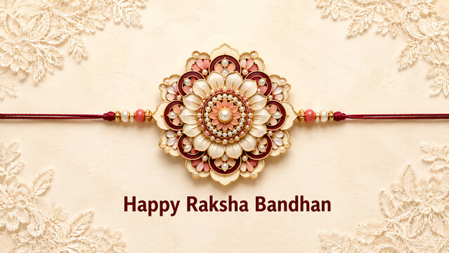Happy raksha bandhan greeting with pastel floral rakhi pearls and lace ornament corners on cream background for hindu religious festival celebration card design
