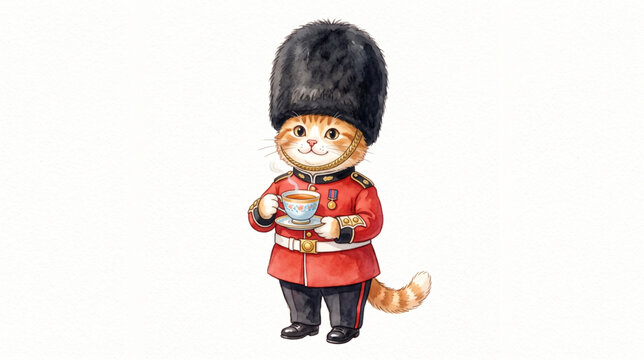 Cute watercolor cat wearing British Royal Guard uniform holding a cup of tea