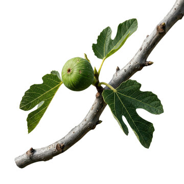 Green fig on a branch with leaves. Isolated fresh fruit twig on a white background.
