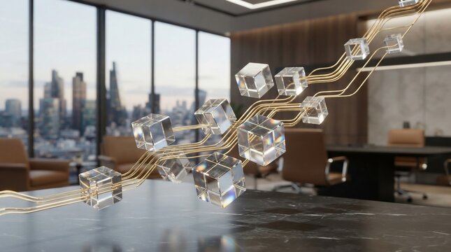 Abstract network of transparent cubes connected by golden threads representing data flow