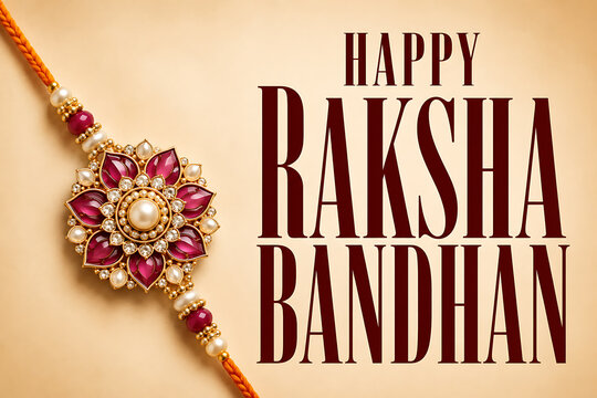 Happy raksha bandhan greeting with ornate ruby floral rakhi and pearl details celebrating hindu religious festival on elegant warm beige background design card