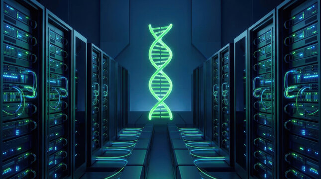 Biometric security authentication concept with glowing DNA strand and server racks in data center room for advanced technology protection
