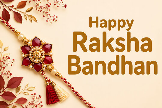 Happy raksha bandhan modern greeting with red gemstone floral rakhi tassels autumn leaves and clean beige background for hindu religious festival celebration card