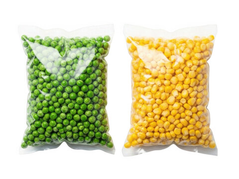 Frozen peas and corn in packets isolated on transparent background