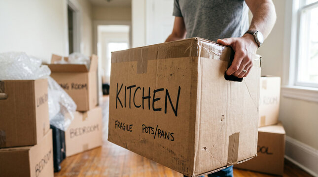 Man carrying box labeled kitchen during moving process indoors  
