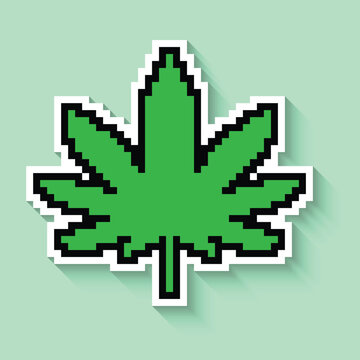 Cannabis leaf pixel art icon with long shadow sticker 8 bit vector for computer game logo