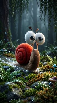 Whimsical 3D snail character with large eyes in enchanted forest, cute orange shell gastropod on mossy ground, magical woodland creature in nature