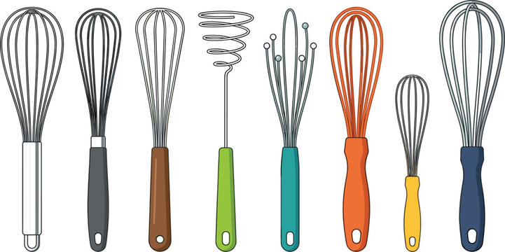 Collection of colorful kitchen whisks, wire whips, and cooking utensils for baking preparation vector illustration