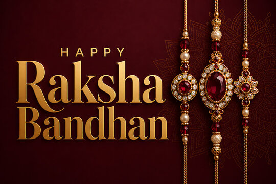 Happy raksha bandhan luxury greeting featuring three ruby jeweled rakhis with pearls and gold ornaments for hindu religious festival celebration banner background design