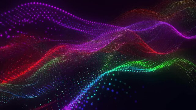 Colorful abstract digital wave with glowing particles and vibrant light effects on dark background