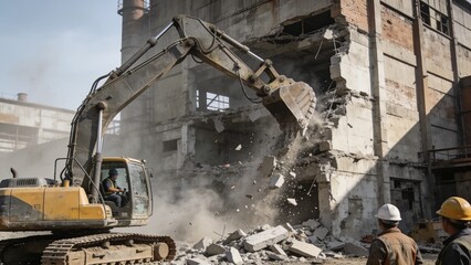 Fototapeta premium Backhoe excavator destroying concrete factory structure with dust and debris at construction site.