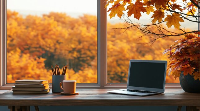 Autumn workspace with laptop and coffee on a desk by a window with fall nature view