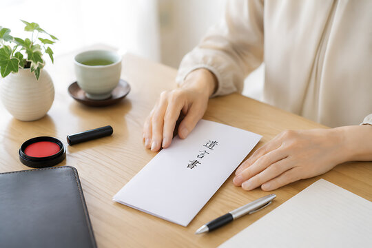 終活がコンセプトの封筒に入った遺言書を用意した女性