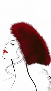 A beautiful girl drawn with lines in a winter fur hat