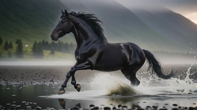 Black horse running through water with scenic mountains and mist in the background at sunset